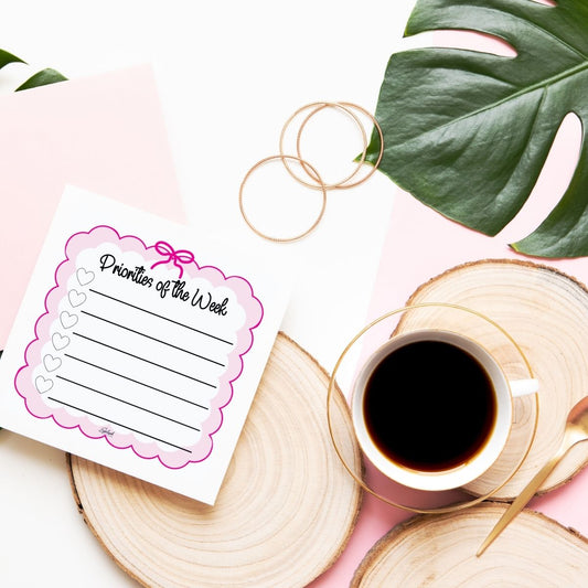 Coquette Weekly Priorities Sticky Notes – Cute Bow & Pink Post - It Pad - Splash of Charm
