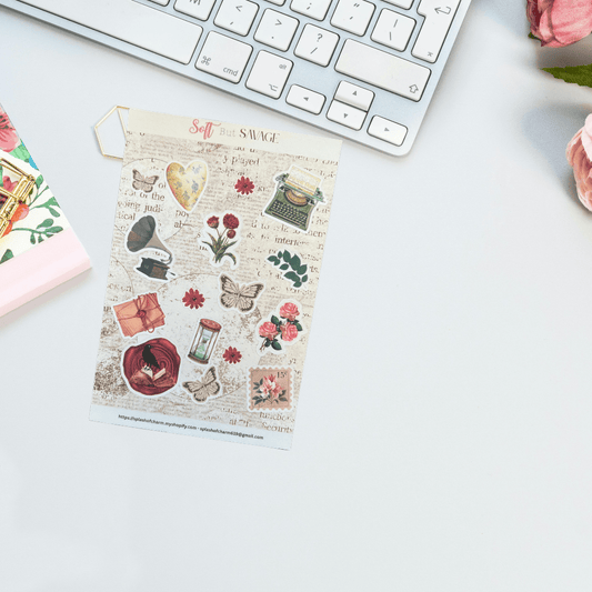 Cozy cottagecore sticker sheet featuring strawberries, florals, butterflies, vintage-inspired illustrations, and soft life aesthetic designs.