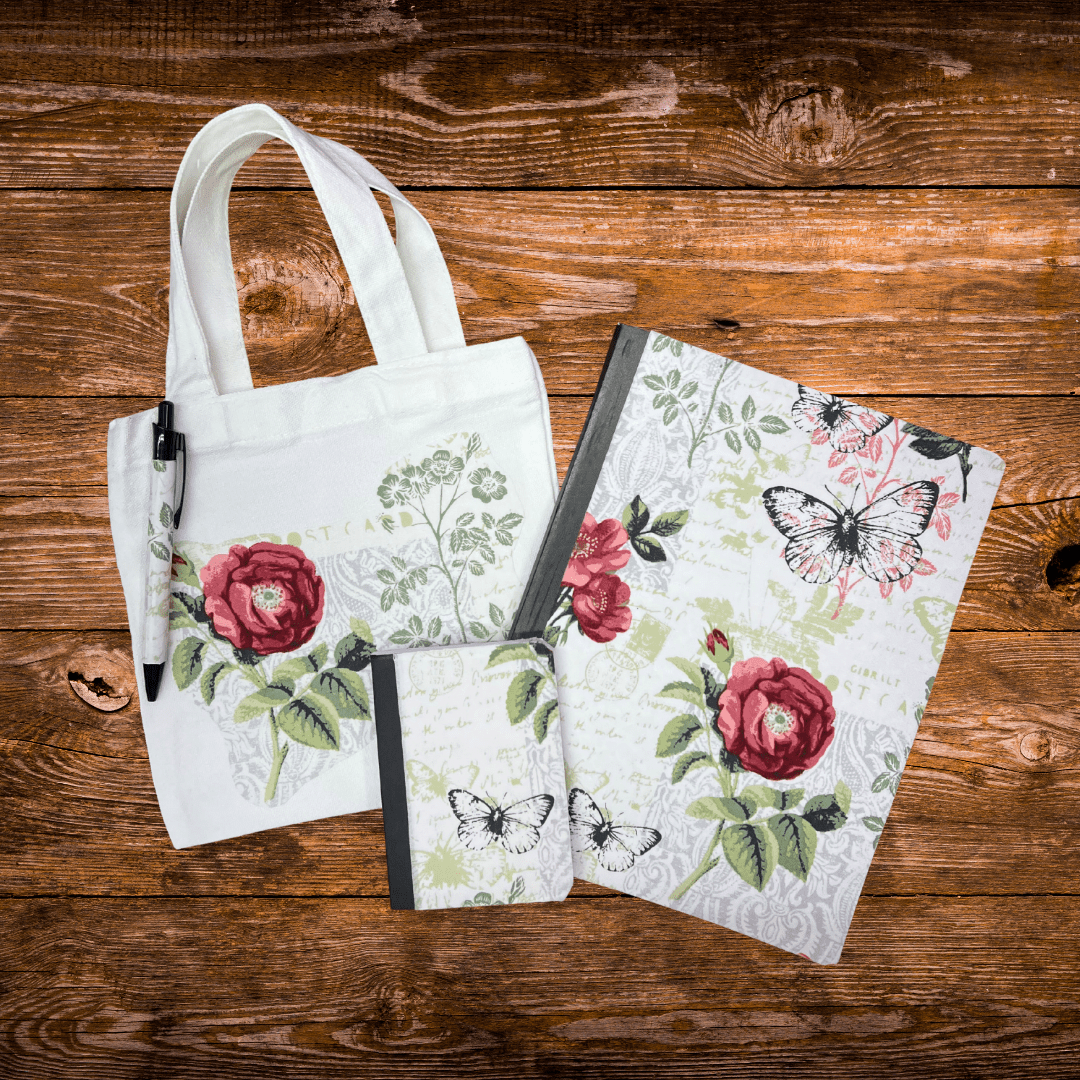 Cranberry Floral Travel Journal Stationery Set – Journal, Pocket Notebook, Pen & Mini Tote - Splash of Charm