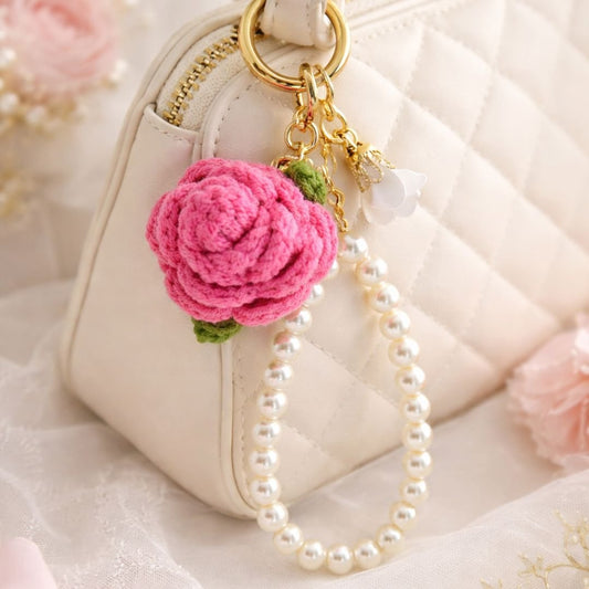 Crochet Rose Purse Charm Keychain – Pearl Wristlet Coquette Floral Bag Charm - Splash of Charm