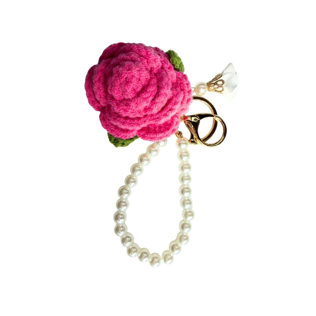 Crochet Rose Purse Charm Keychain – Pearl Wristlet Coquette Floral Bag Charm - Splash of Charm