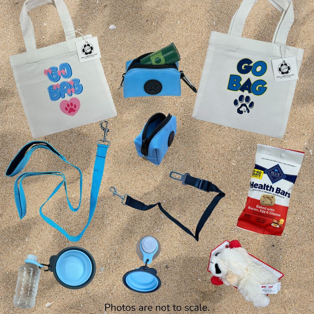 Dog go bag bundle with leash, travel bowl, treats, toy and tote bag for pet walking essentials