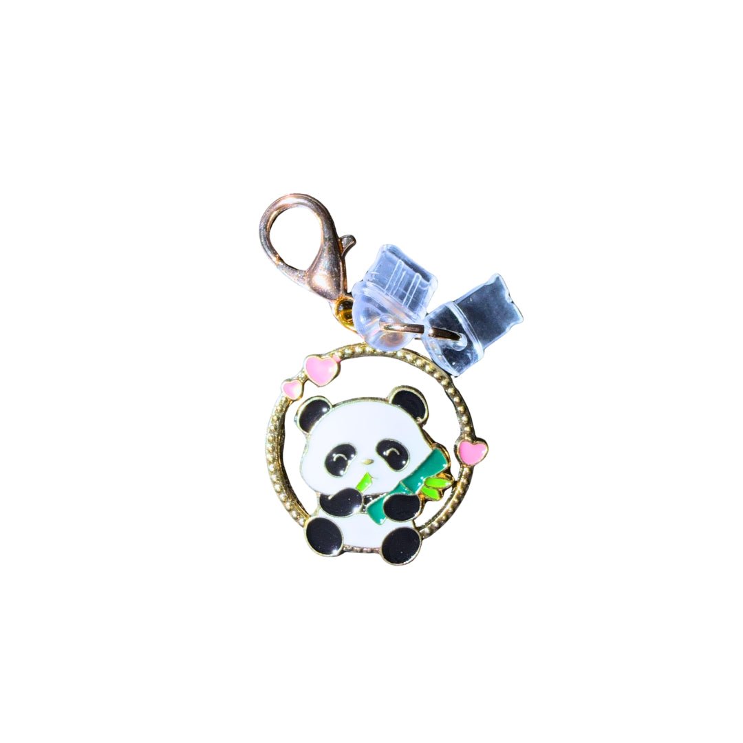 Panda phone dust plug charm with decorative panda design, lobster clasp and interchangeable charging port covers.