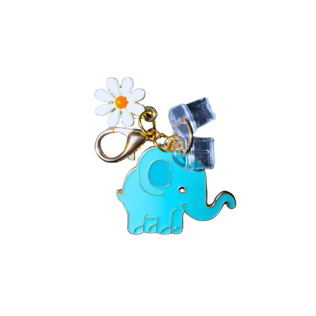 Blue Elephant phone dust plug charm with turquoise elephant, flower accent and interchangeable charging port covers.