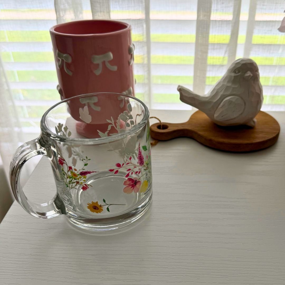 Floral Glass Mug 13 oz – Libbey Robusta Clear Mug with Soft Life Wildflower Design - Splash of Charm