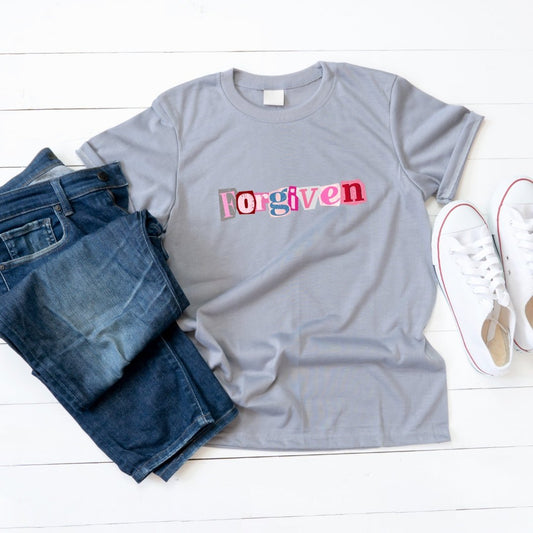 Forgiven Scrapbook Letter T-Shirt – Soft Neutral Faith Graphic Tee - Splash of Charm