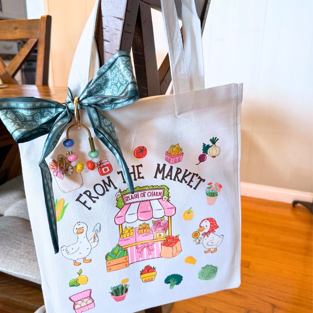 From the Market styled canvas tote with scarf and beaded bag charm