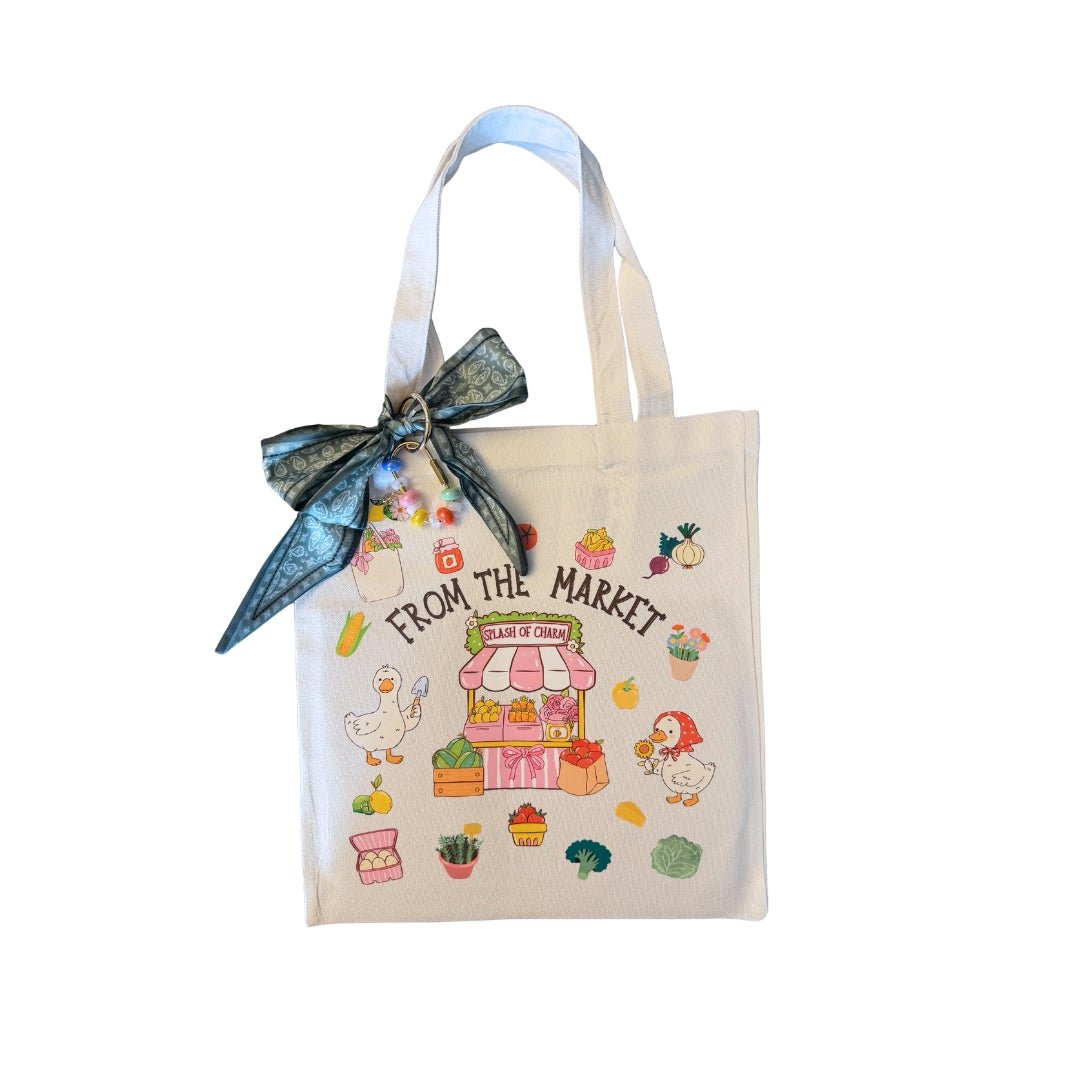 From the Market canvas tote with scarf and beaded carabiner bag charm