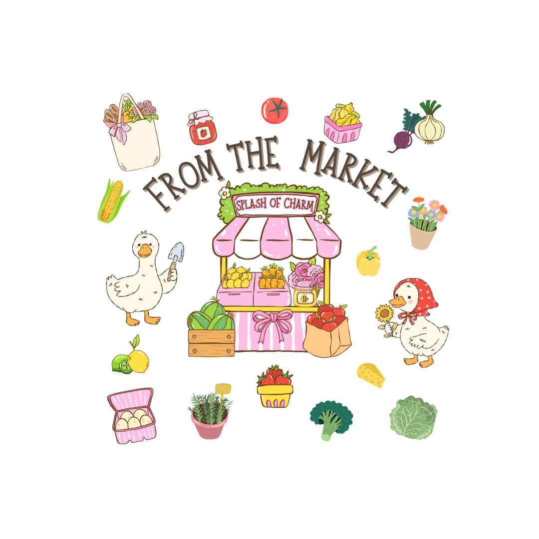 From the Market canvas tote design with produce florals and playful geese