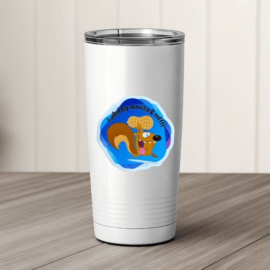 Funny squirrel vinyl sticker featuring a squirrel holding coffee and a peanut with the phrase Fueled by Anxiety and Coffee.