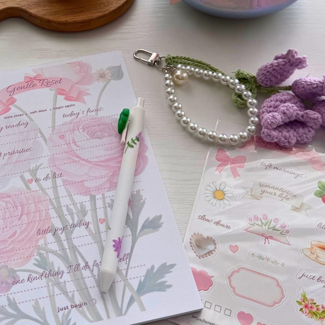 Gentle reset stationery gift set with floral notepad, charm pen, coaster, and supportive sticker details