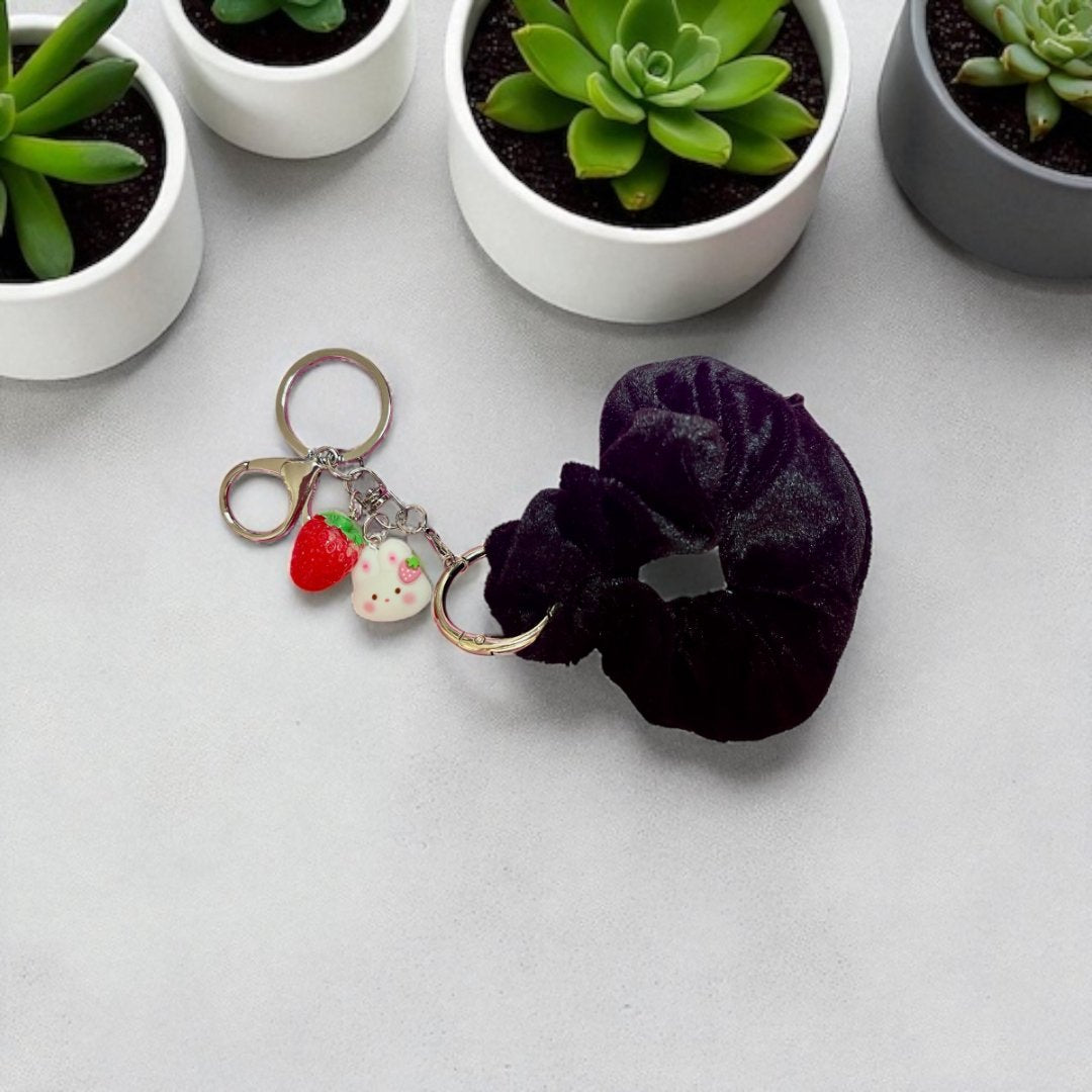 Black Velvet Scrunchie Keychain with Zippered Pocket – Stylish & Functional - Splash of Charm