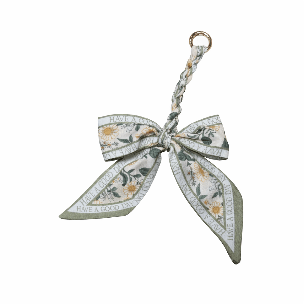 Have a Good Day Floral Bow Scarf Purse Charm | Sage Green Bag Accessory - Splash of Charm