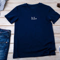 Minimalist navy t-shirt with small “hi.” text graphic on front