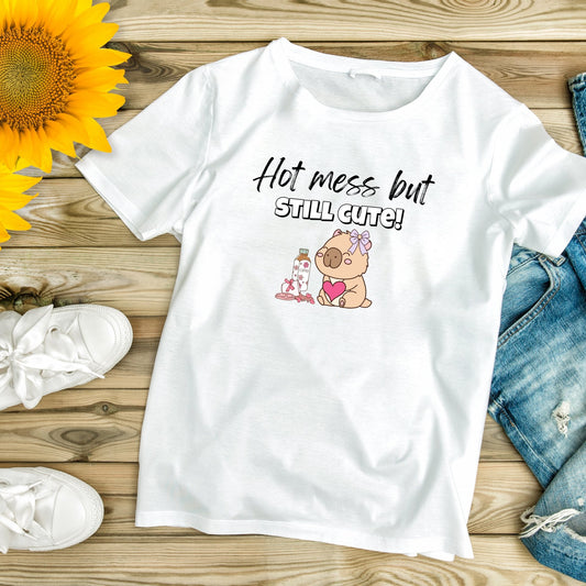 Hot Mess but Still Cute Capybara Tee – Soft White Cotton Classic Fit - Splash of Charm