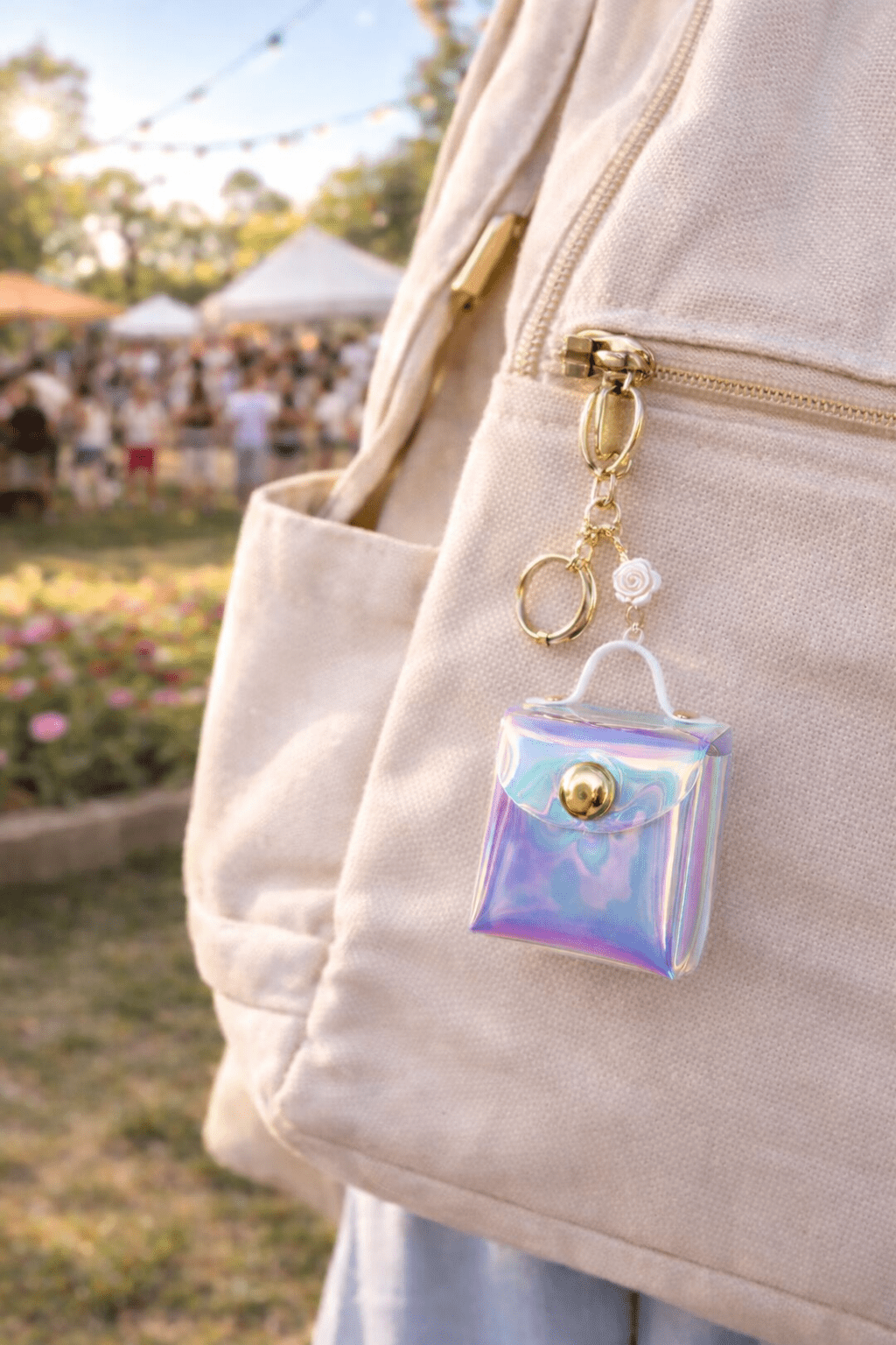 Iridescent Mini Purse Charm Keychain (Tiny Bag Charm + White Rose) - Splash of Charm