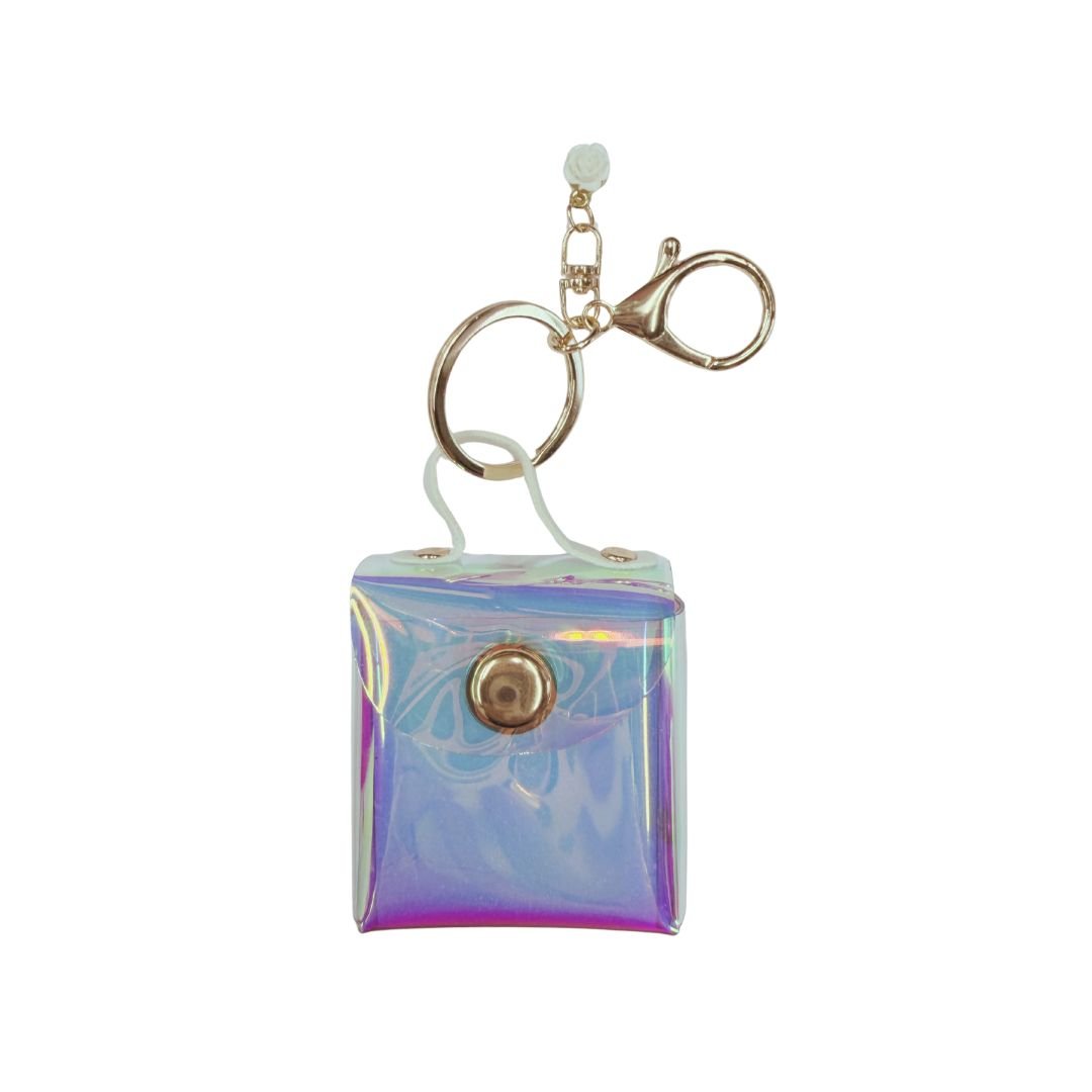 Iridescent Mini Purse Charm Keychain (Tiny Bag Charm + White Rose) - Splash of Charm
