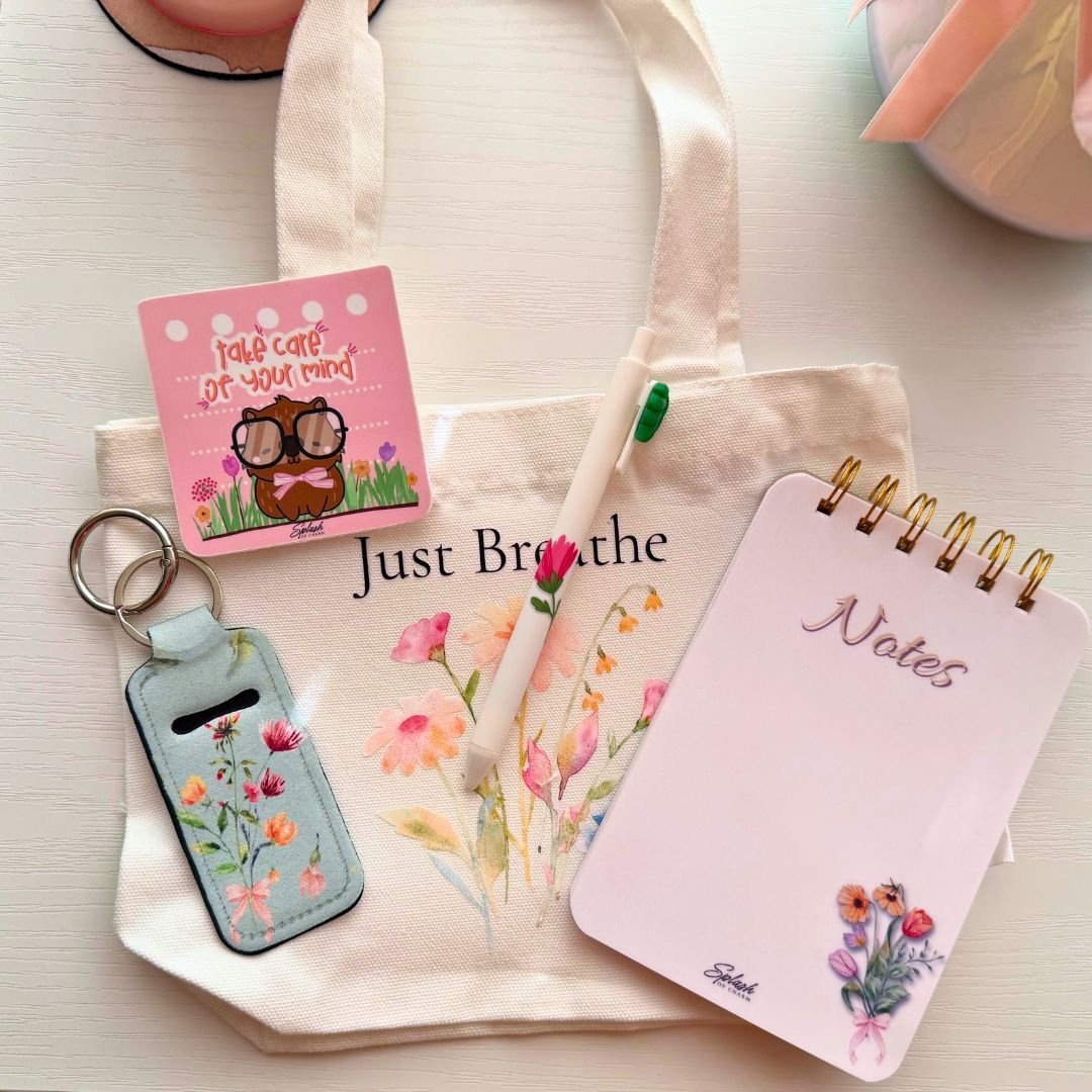 Just Breathe Mini Tote Gift Set styled with mini tote, floral notebook, calming accessories, and cozy soft life aesthetic