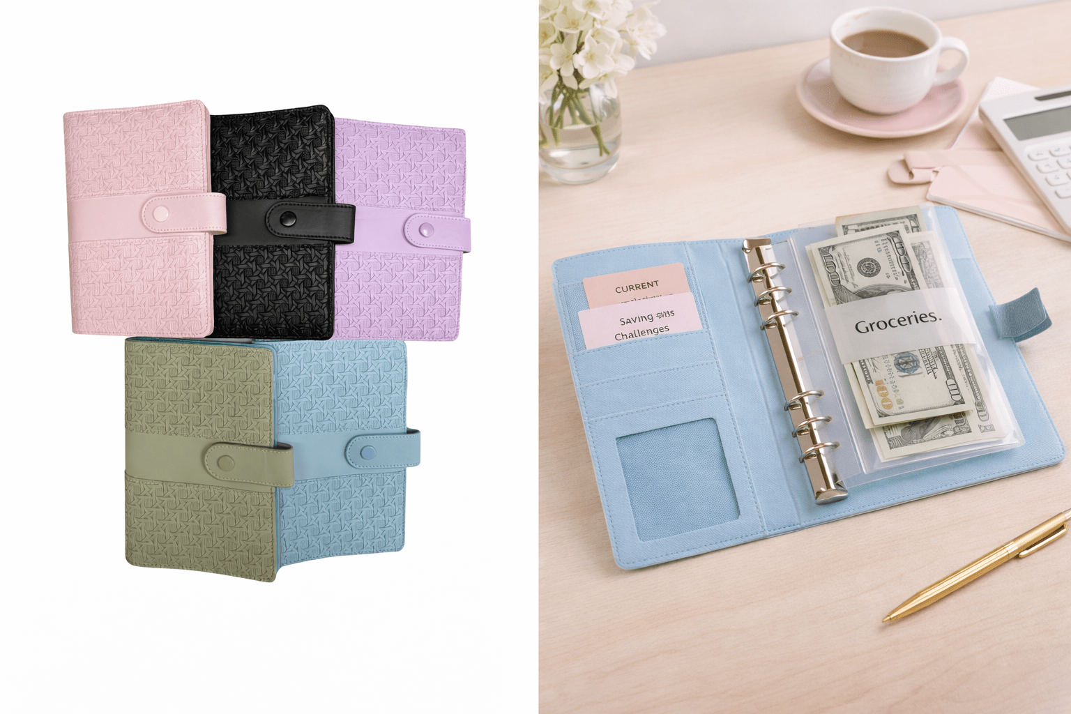 Kaia™ A6 woven faux leather personal organizer with six-ring binder design for planning, budgeting, journaling, note-taking, and everyday organization.