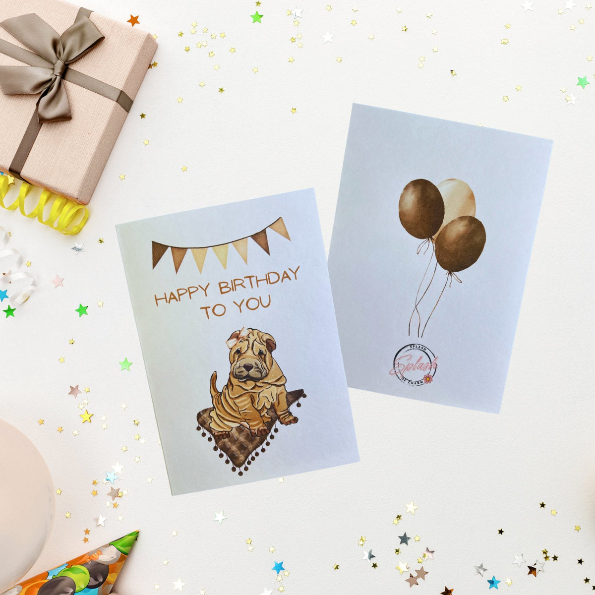 Kona the Shar-Pei birthday card with cute dog illustration and white envelope by Splash of Charm