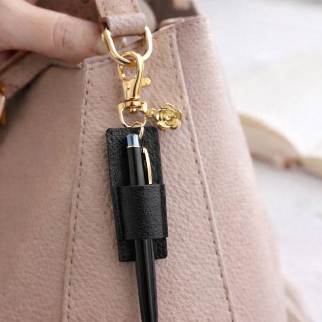 Leather Pen Holder Keychain with Gold Clip and Rose Accent – Organize & Accessorize - Splash of Charm