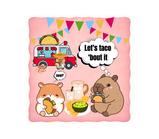Vinyl sticker featuring capybara and hamster characters with tacos, a taco truck, and the phrase Let's Taco 'Bout It on a pink background.