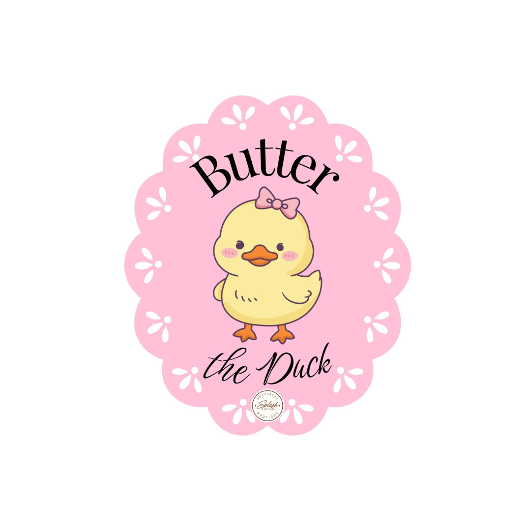 Butter the Duck 2.5-inch waterproof matte vinyl portrait sticker with pink floral scalloped frame.