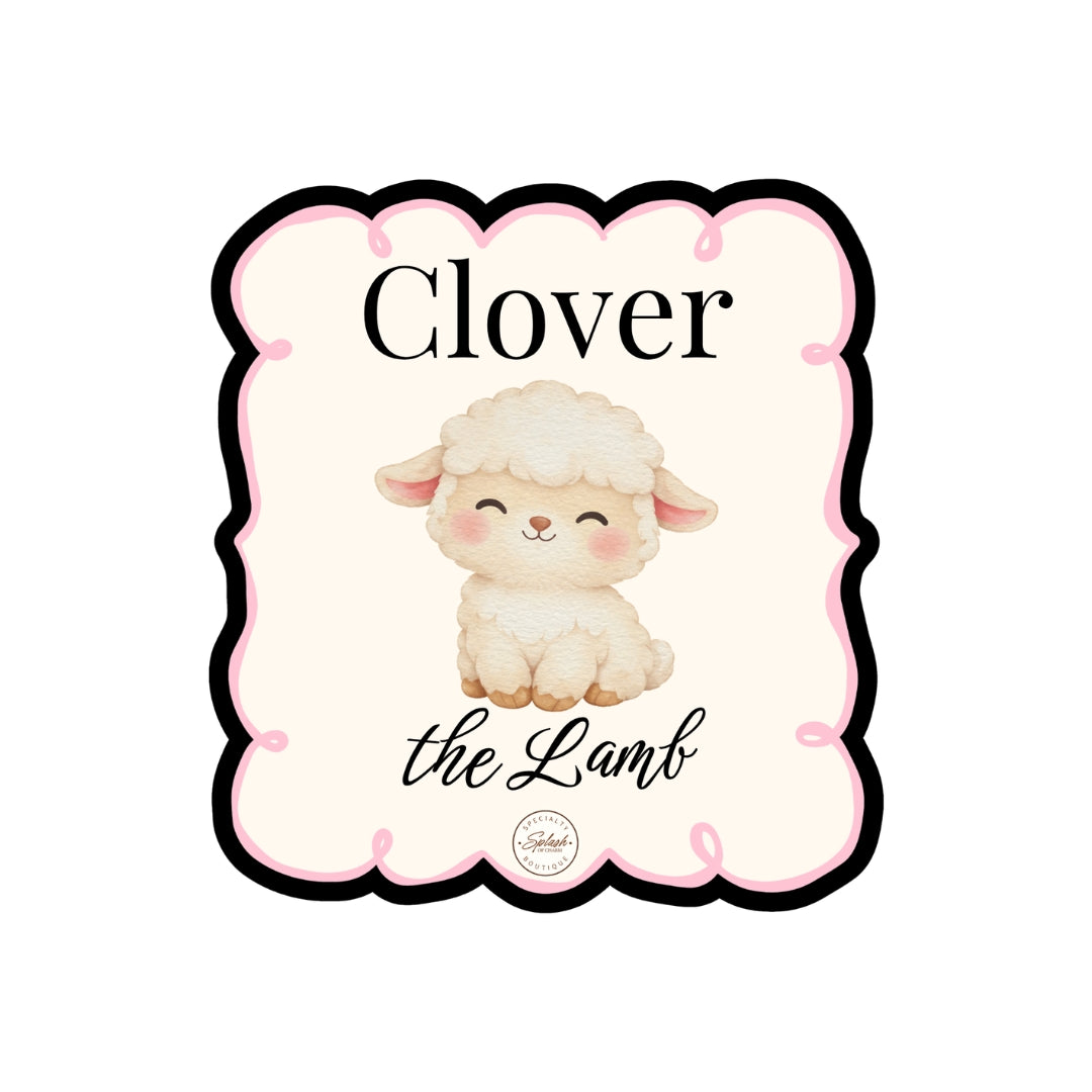 Clover the Lamb 2.5-inch waterproof matte vinyl portrait sticker with vintage-inspired pink scalloped frame.