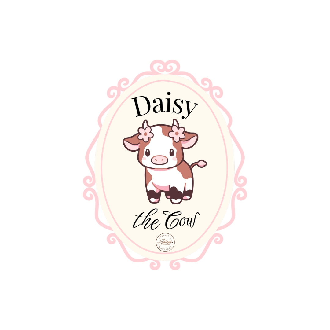 Daisy the Cow 2.5-inch waterproof matte vinyl portrait sticker with vintage pink decorative frame.