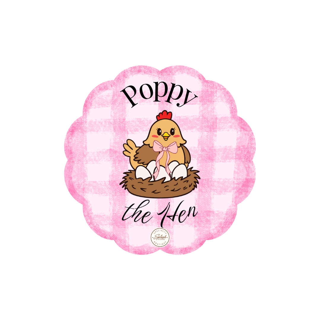 Poppy the Hen 2.5-inch waterproof matte vinyl portrait sticker with pink gingham scalloped frame.