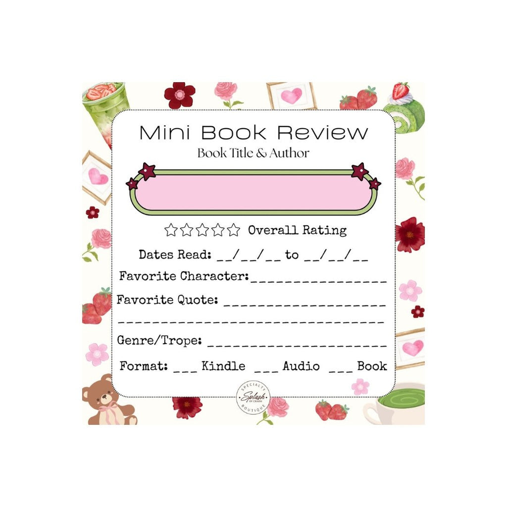 Mini book review notepad decorated with matcha drinks, strawberries, pink flowers, and a book title section.