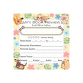 Charm Crew mini book review notepad featuring Nutz, Sleepy Sloth, Hippie, Bean, and Taco with colorful flowers and reading prompts.