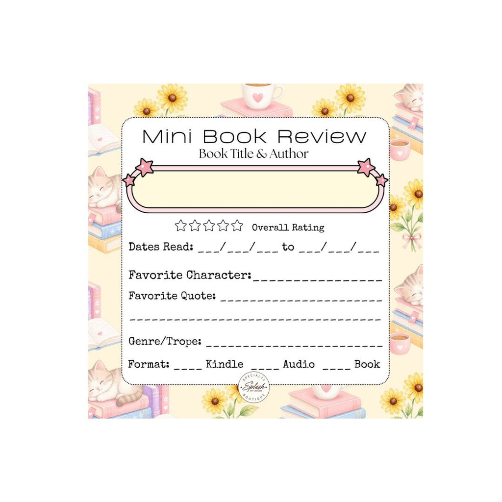 Pastel mini book review notepad with sleepy cats, stacked books, flowers, and cozy reading illustrations.