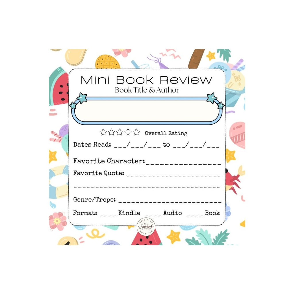 Colorful summer-themed mini book review notepad with fruit illustrations, five-star rating, and spaces for reading memories.