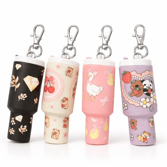 Mini Tumbler Bag Charm Keychain – Mini tumbler purse charm with hidden stash compartment and clasp attachment for bags or keychains.