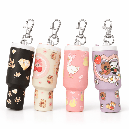 Mini stash tumbler charm keychain collection with multiple coquette designs and colors
