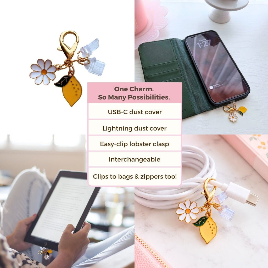 Lemon Daisy multiway phone charm shown with USB-C and Lightning dust covers, on a phone, e-reader and charging cord, with feature highlights.