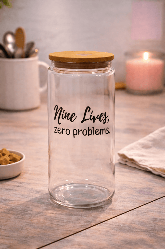 Nine Lives, Zero Problems Beer Can Glass Tumbler – Funny Cat Lover Drinkware - Splash of Charm