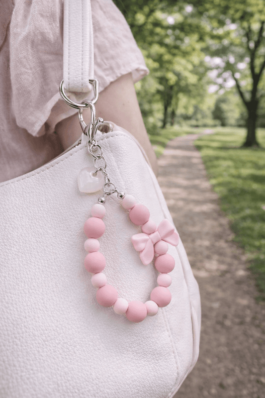 Pink Beaded Bow Wristlet Keychain – Coquette Silicone Key Ring Accessory - Splash of Charm