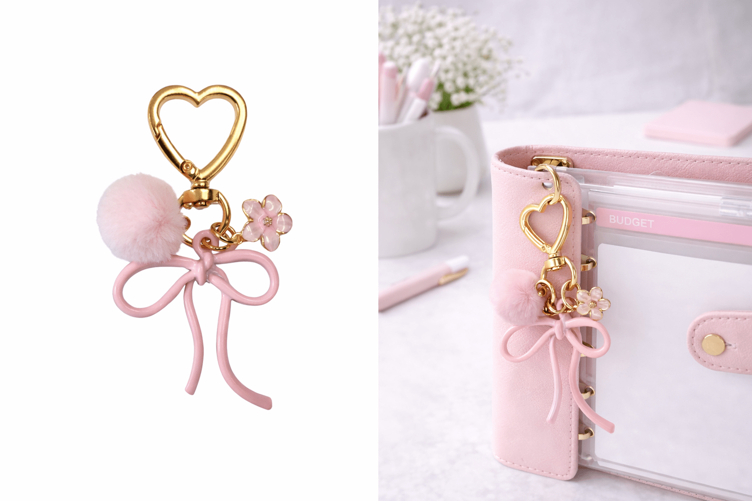 Pink Bow Heart Charm with Pom | Coquette Binder & Bag Accessory - Splash of Charm