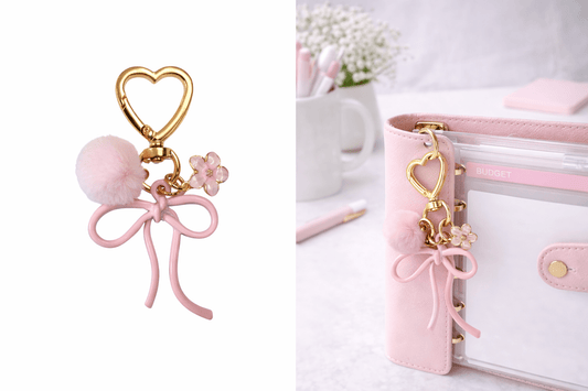 Pink Bow Heart Charm with Pom | Coquette Binder & Bag Accessory - Splash of Charm