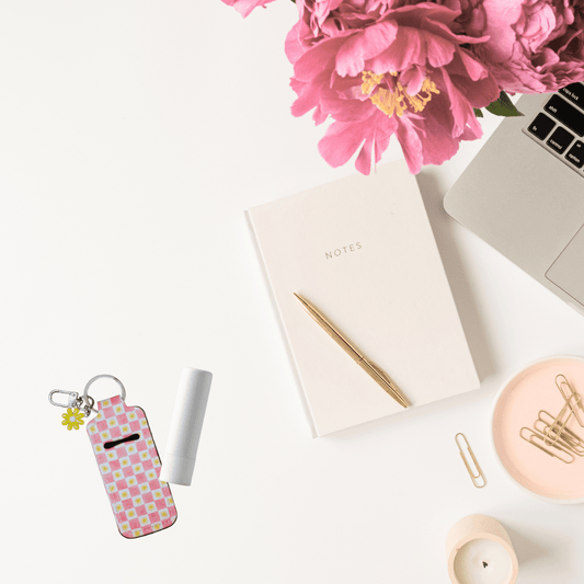 Pink Checkered & Yellow Flower Lip Balm Purse Charm – Cute Holder - Splash of Charm