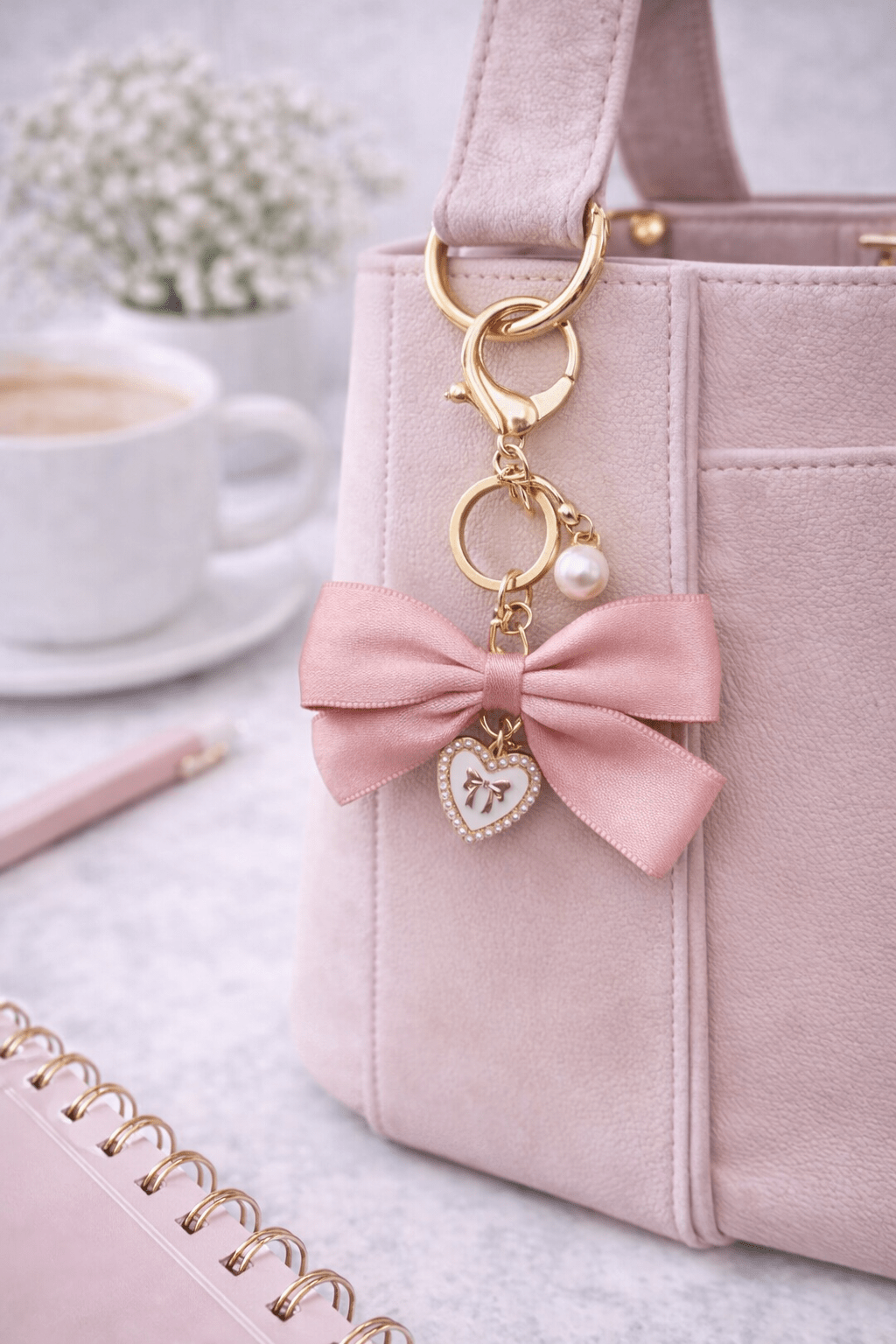 Pink Coquette Bow Purse Charm with Heart Pendant | Soft Life Accessory - Splash of Charm