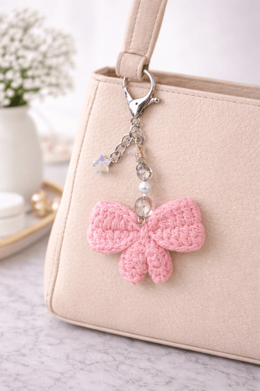 Pink Crochet Bow Purse Charm | Coquette Binder & Bag Accessory - Splash of Charm