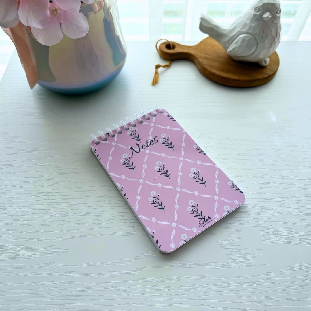 Pink Floral Notes Notepad – 4x6 Spiral Notebook, Soft Life Stationery, Cute Desk Notepad, Giftable Mini Journal