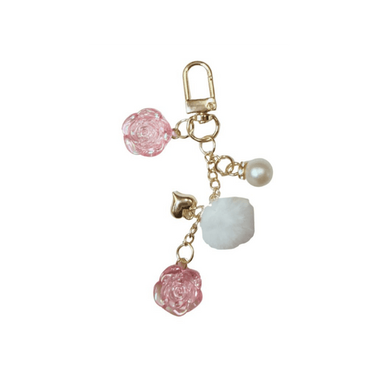 Pink Rose Pom Charm Keychain – Coquette Binder & Purse Accessory - Splash of Charm