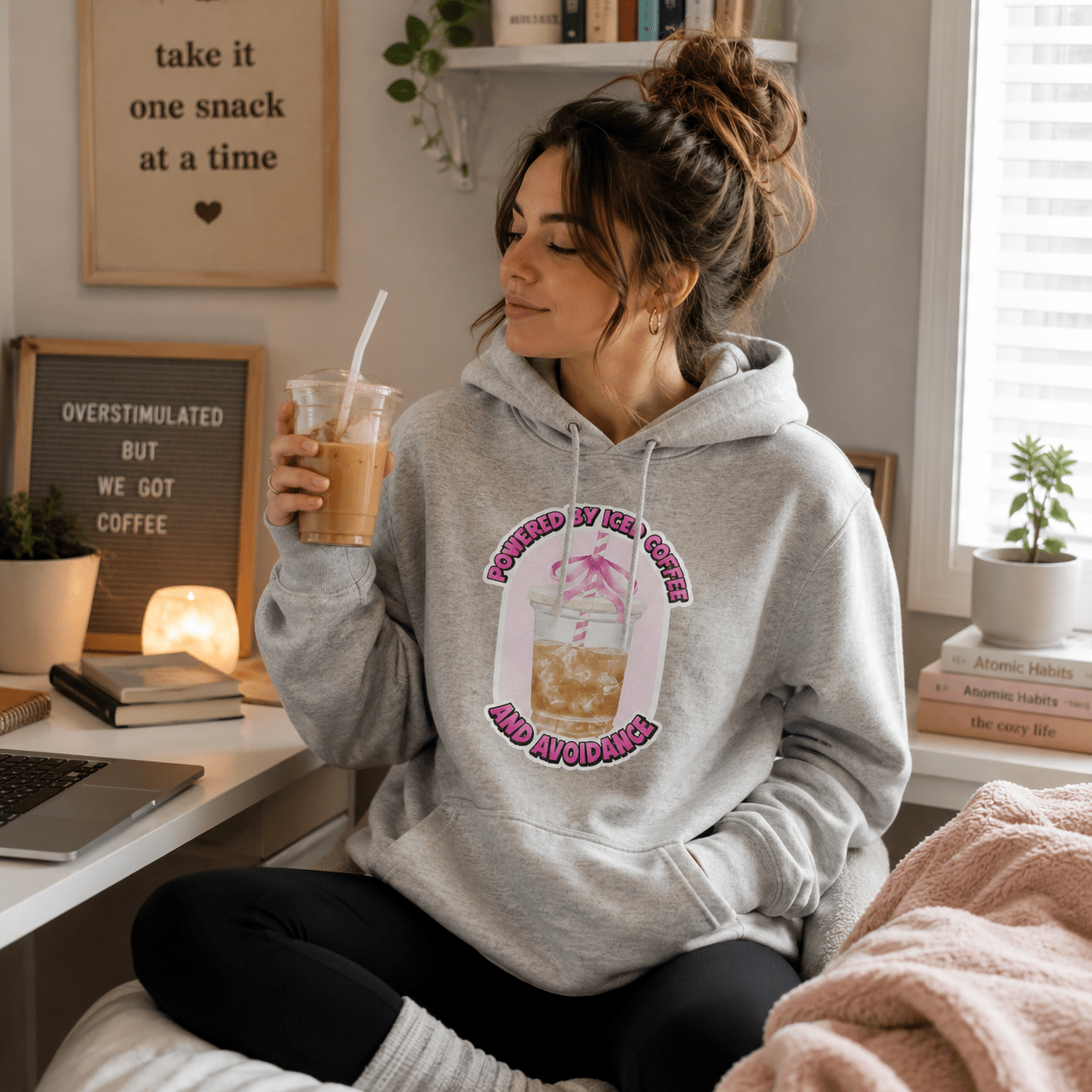 Powered By Iced Coffee And Avoidance Heather Gray Hoodie - Splash of Charm