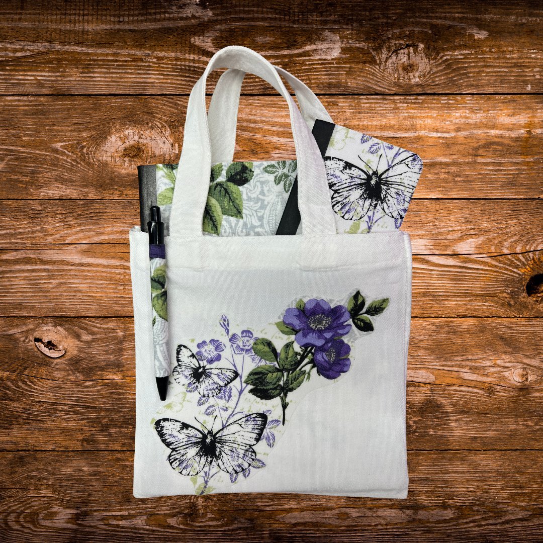 Purple Floral Travel Journal Stationery Set – Journal, Pocket Notebook, Pen & Mini Tote - Splash of Charm