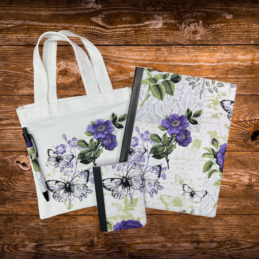 Purple Floral Travel Journal Stationery Set – Journal, Pocket Notebook, Pen & Mini Tote - Splash of Charm