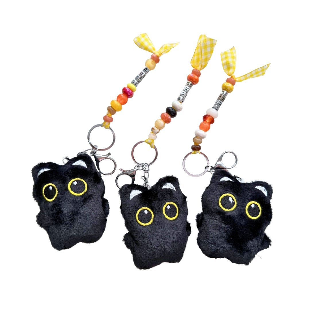 PURR black cat bag charms with handmade coordinating beaded straps